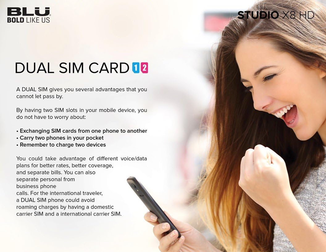 Image explaining the benefits of Dual SIM card functionality on the BLU Studio X8 HD.