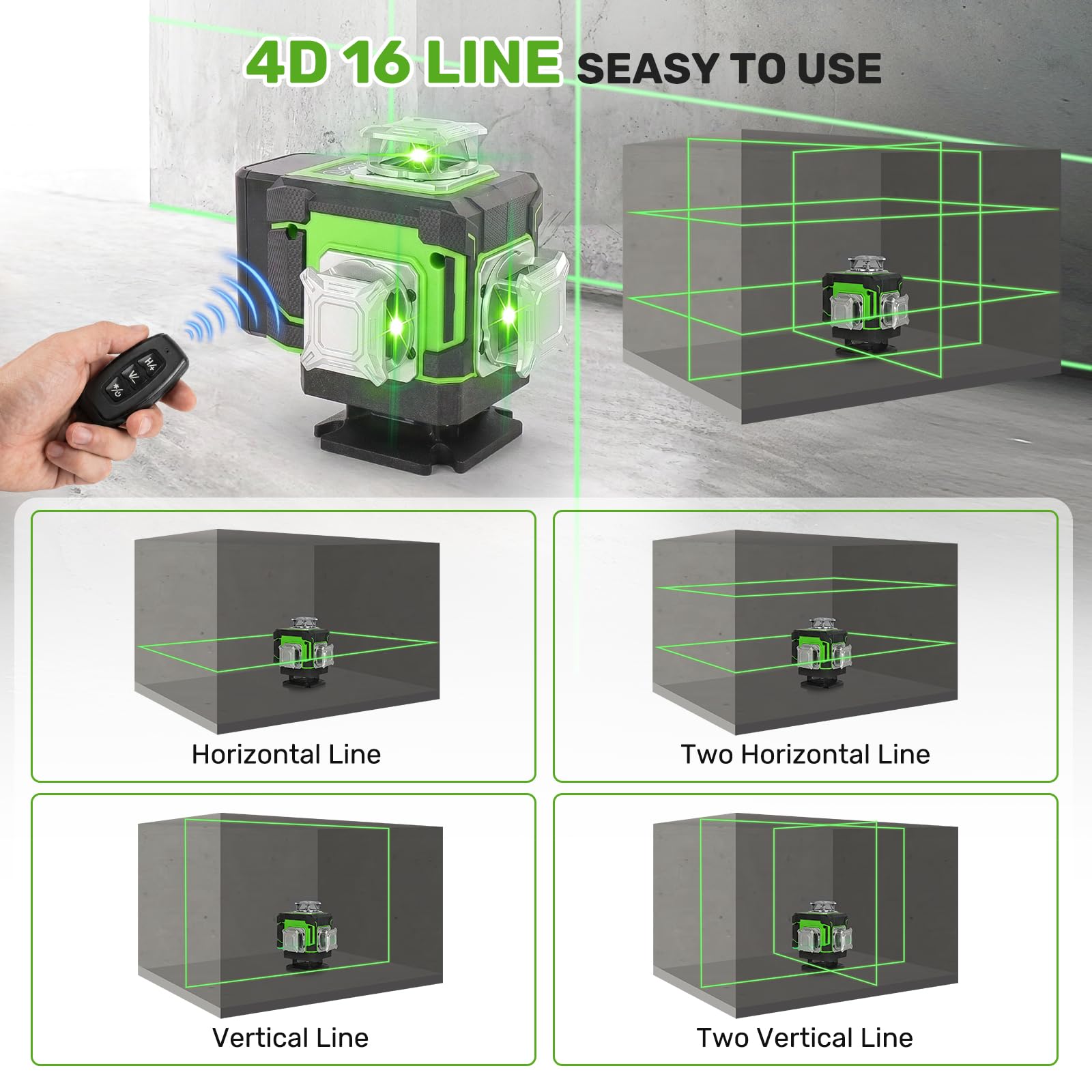 Nivel Láser Autonivelante 16 Líneas 4x360° Verde con 2 Baterías | Láser Autonivelante Profesional con Control Remoto, Modo Manual y Automático, Nivel Láser para Azulejos Techos y Pladur
