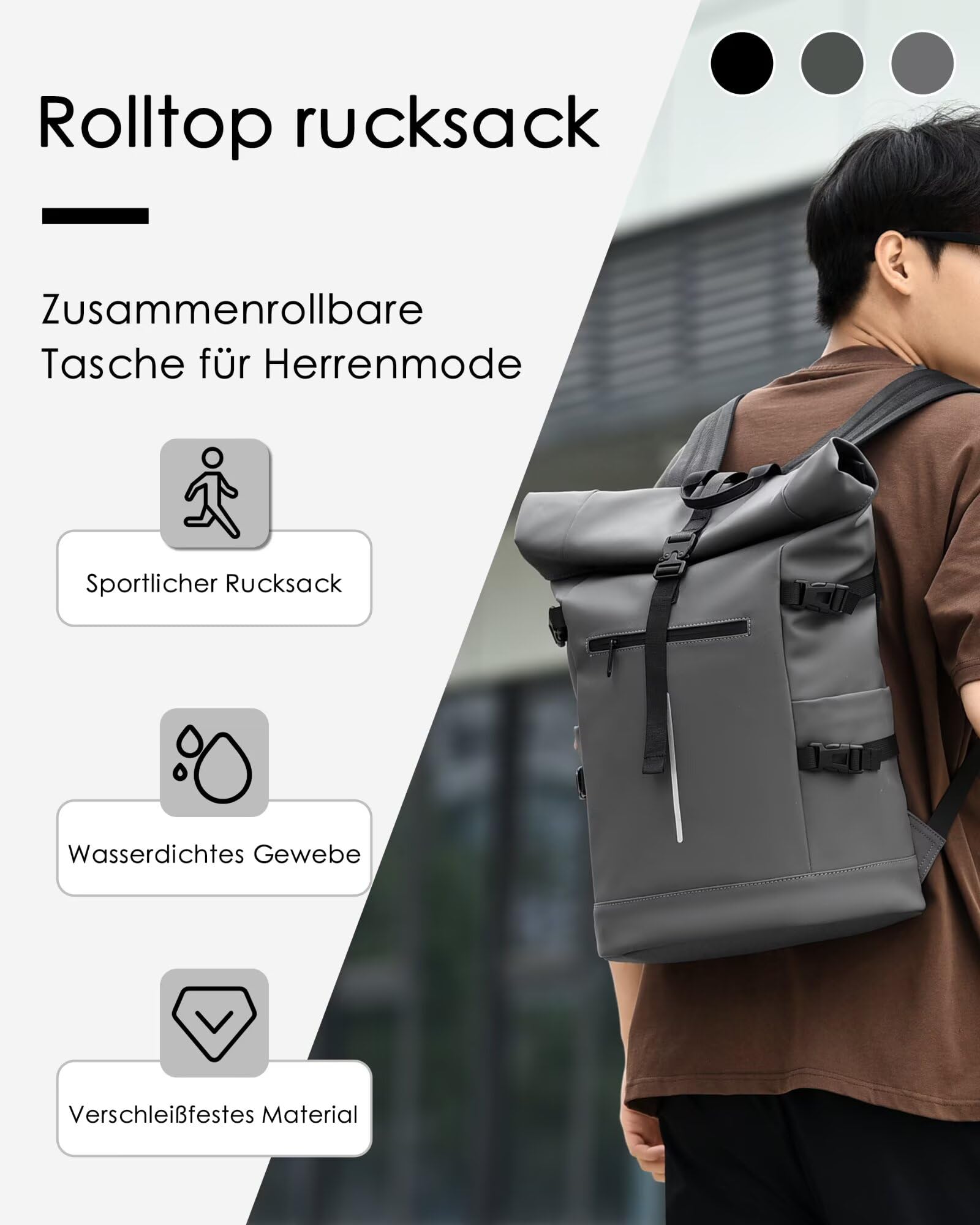 Rolltop Rucksack Herren Wasserdicht Grau Laptop Rucksack mit 17 Zoll Laptopfach Fahrradrucksack Schulrucksack Tagesrucksack Einfaches Design für Uni Freizeit Sport Reisen,Grey