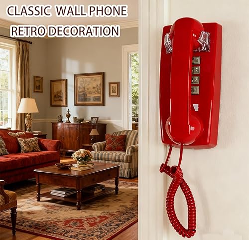 Miniatura 7 de Teléfono de pared clásico retro, teléfono fijo con cable vintage, plástico beige, timbre mecánico, línea eléctrica, operación de una sola línea