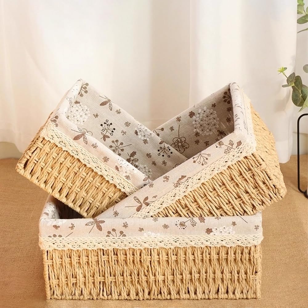 Set di 3 Cestini Portaoggetti Intrecciati, Cestini Regalo, Cestini Portaoggetti per Bagno, Cestini Intrecciati Boho per Casa, Ufficio, Bagno e Camera da Letto (Naturale)