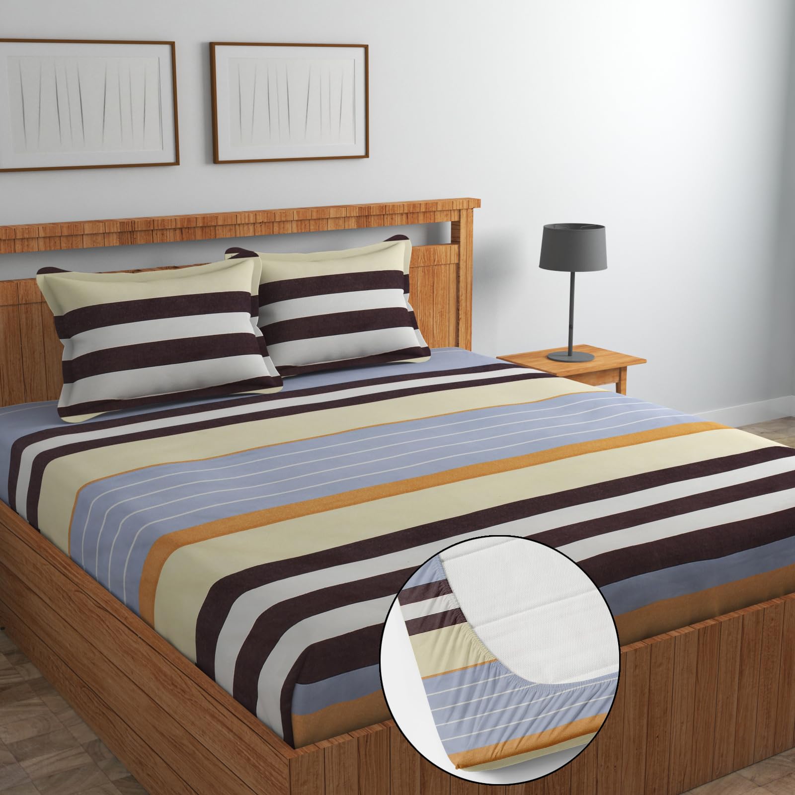 Blue Strip Polycotton Fitted Bedsheet, King 72x78 (Stripes Multi) | 300 TC | All-Round Elastic Grip | Soft, Breathable & Colourfast | Wrinkle Resistant | Machine Washable