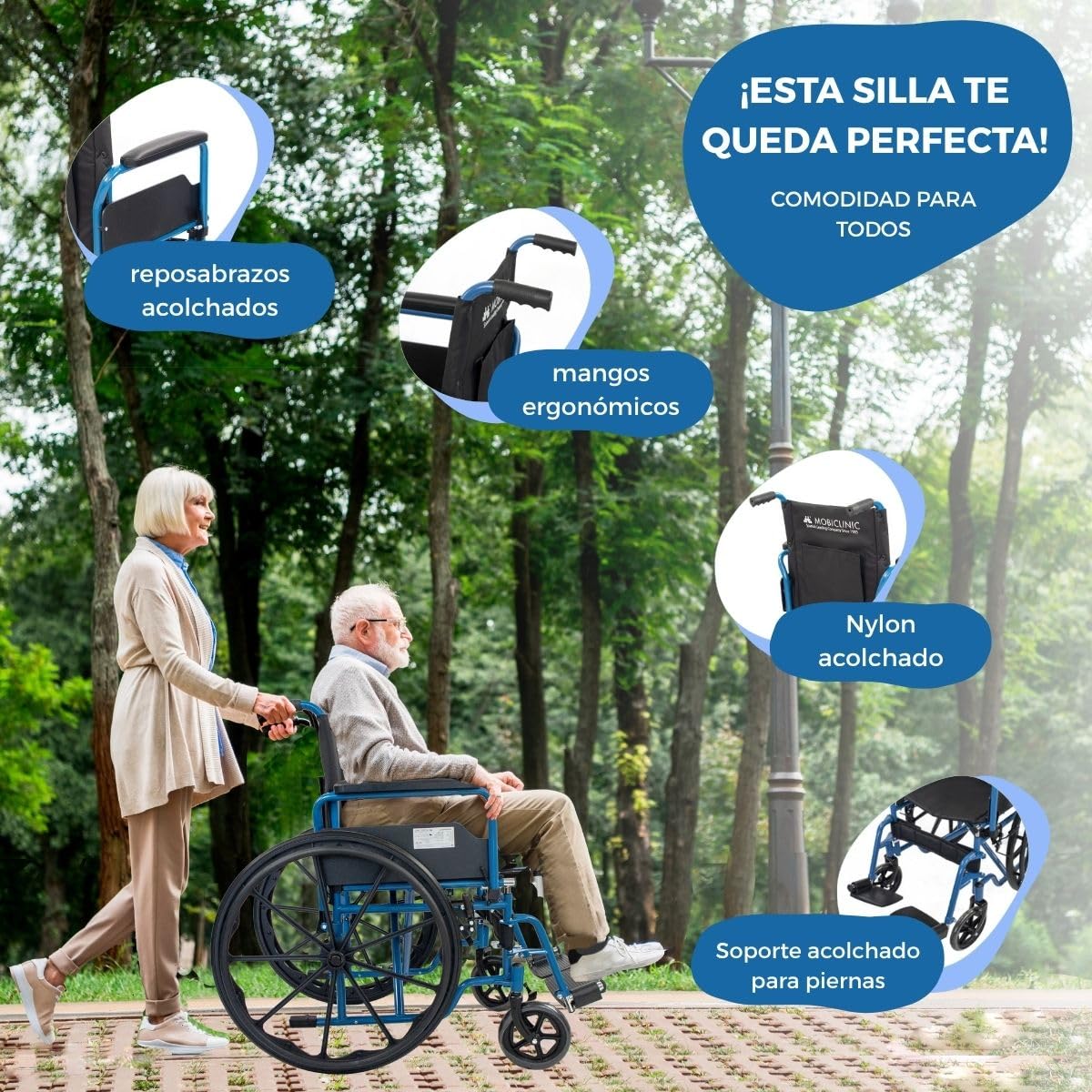 Mobiclinic®, Silla de ruedas plegable, Autopropulsable, Extracción rápida pulsando un botón, Asiento 46 cm, Reposapiés y reposabrazos abatibles, Palanca freno, Resistente, Azul, Marsella
