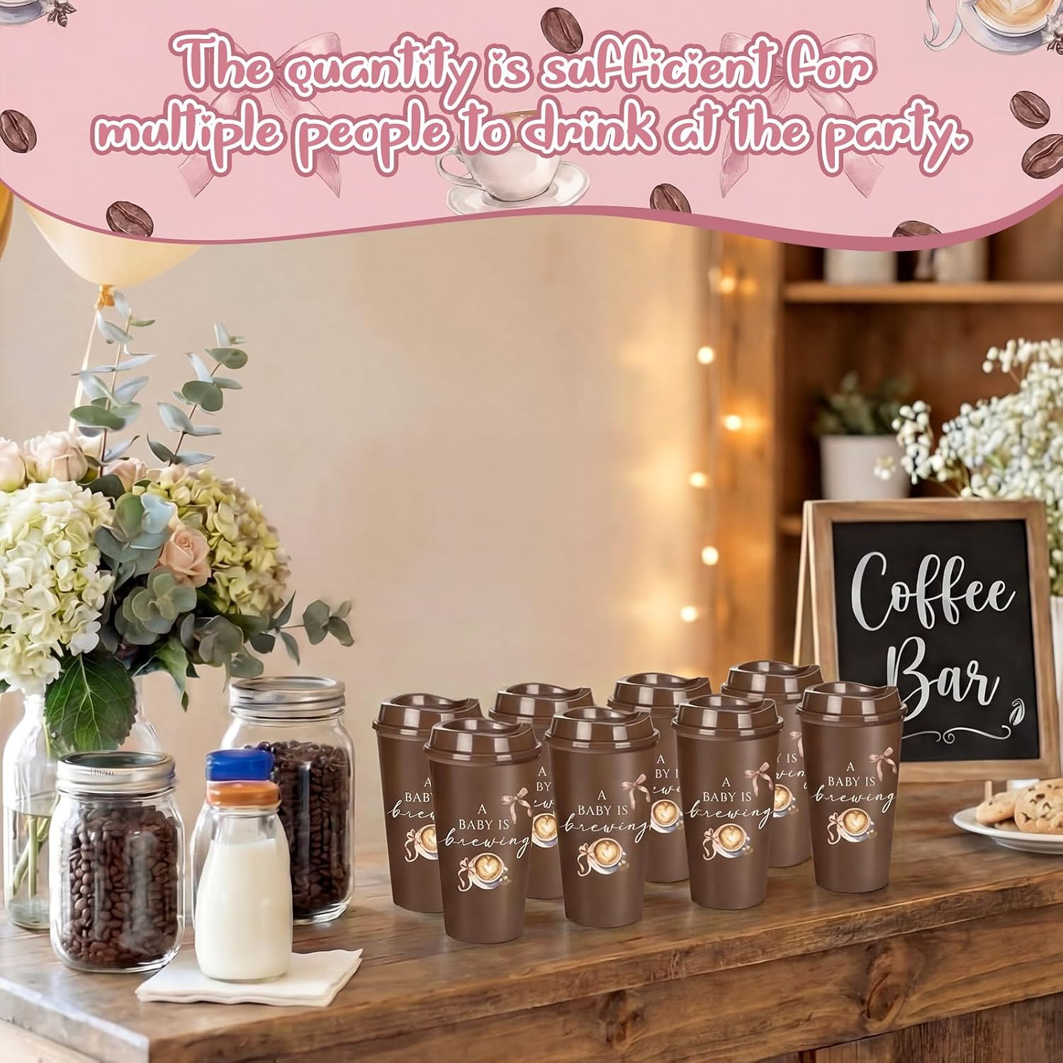 Suclain 25 Pcs Baby Is Brewing Coffee Cups with Lids 16oz, Pink Bow
