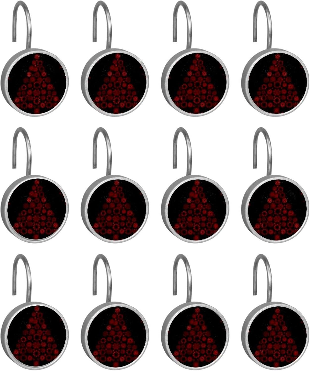 Christmas Tree Red Snowflakes (6) Round Crystal Glass Decorative Shower Curtain Hooks with 3D Pattern Visual, Rust Proof Shower Curtain Rings-12 Pack
