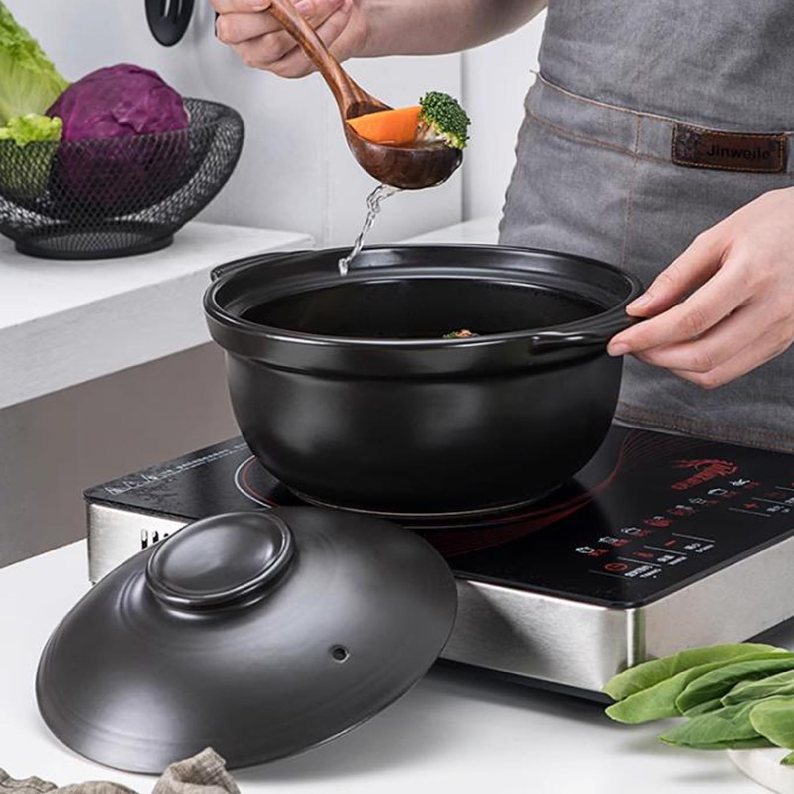 Keramik-Hot Pot, Antihaft-Ton-Kochtopf, hitzebeständiger Kasserolle mit Deckel, runder Steingut-Topf für Eintopf, Suppe, Nudeln, 6,5 l