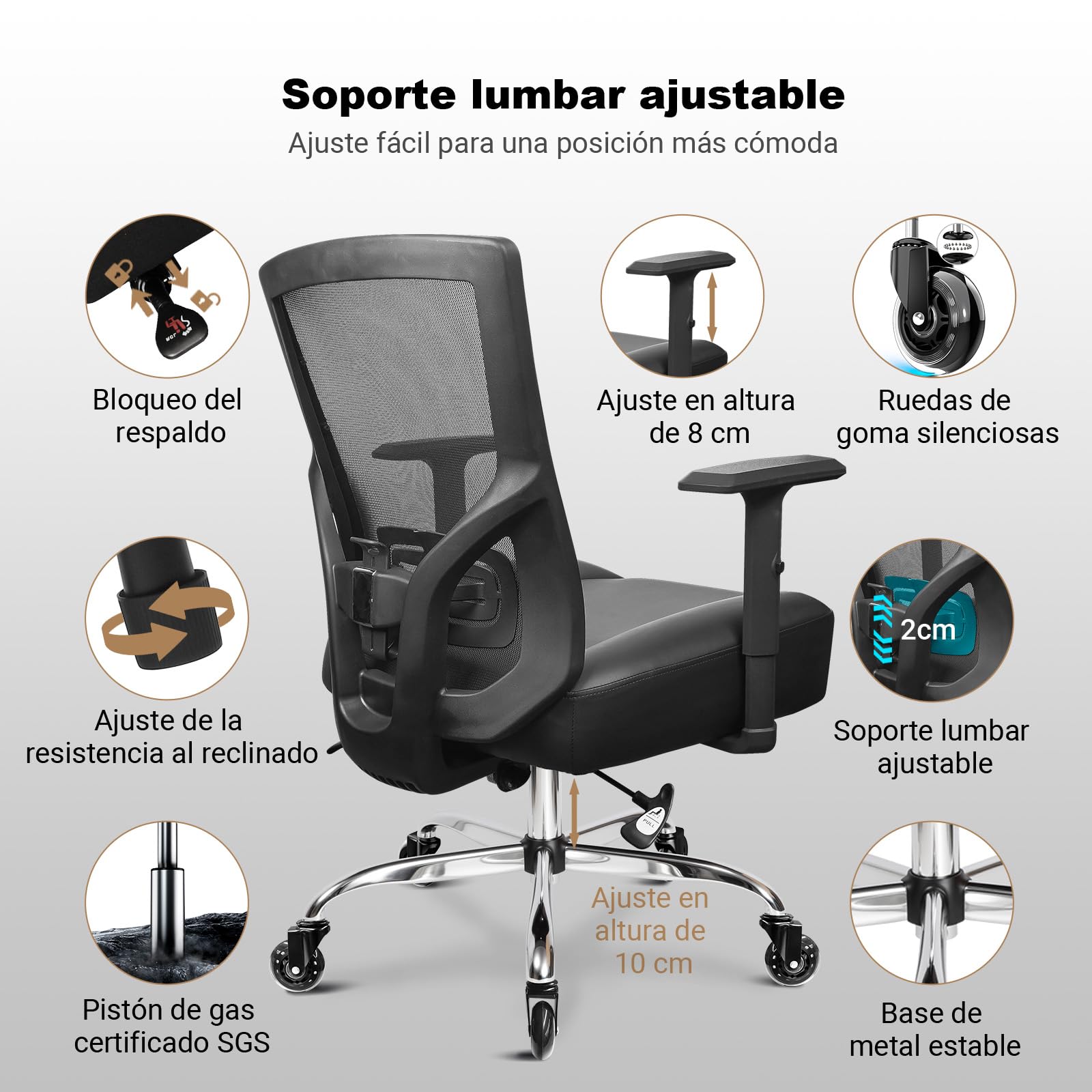 MELOKEA Silla de Oficina XXL 200 KG, Silla Ergonómica Extra Ancha | Cojín de Muelles, Ruedas Silenciosas de Goma, Respaldo Reclinable, Soporte Lumbar Ajustable [Cojín Lumbar Incluido]