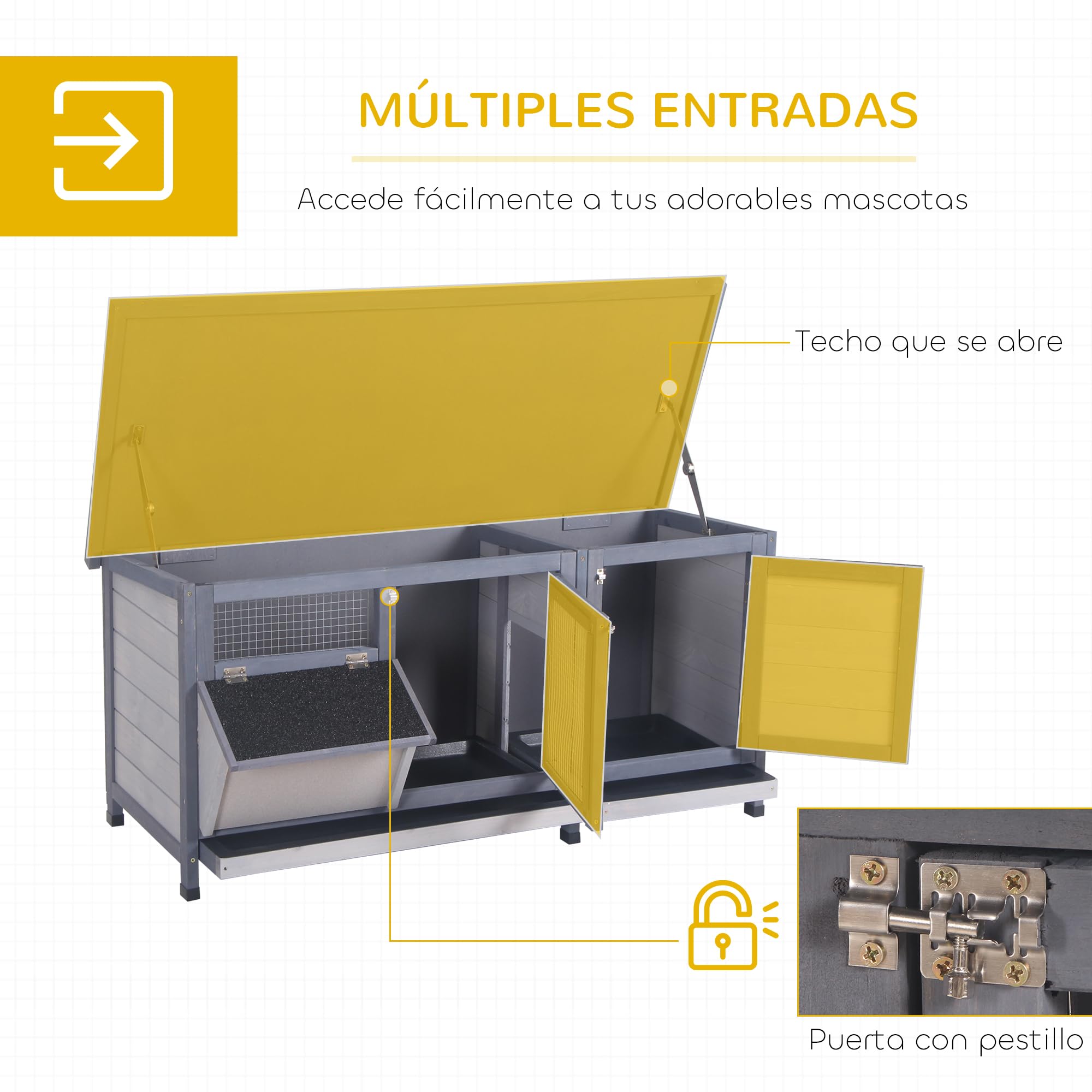 PawHut Conejera de Madera, Jaula para Conejos con Techo Asfáltico Abatible, Puertas con Pestillo, Bandejas Extraíbles y Comedero, Conejera para Exterior, 112x50x54 cm, Gris