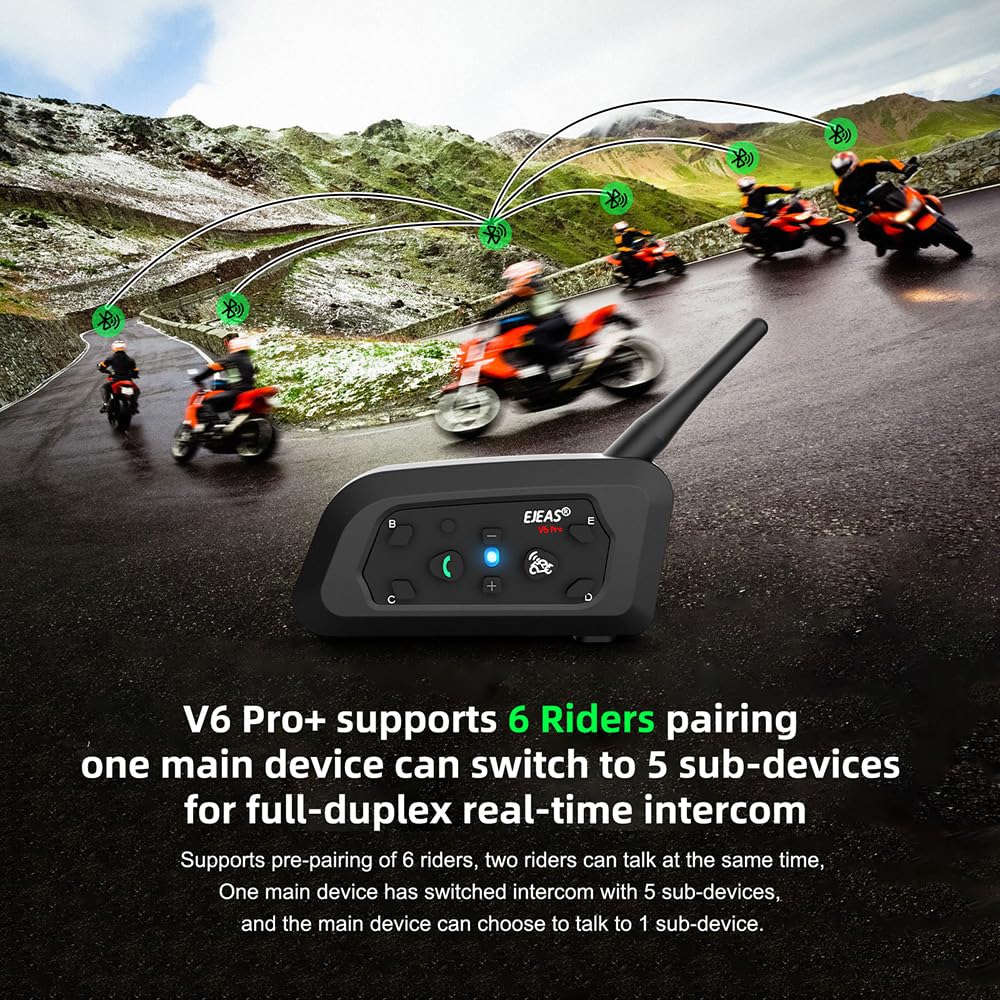 EJEAS V6 Pro 1200M BT citofono del motociclo di Bluetooth citofono del casco della motocicletta Headset con controllo del rumore avanzata per un massimo di 6 piloti sci e l'equitazione (2 Pezzo)