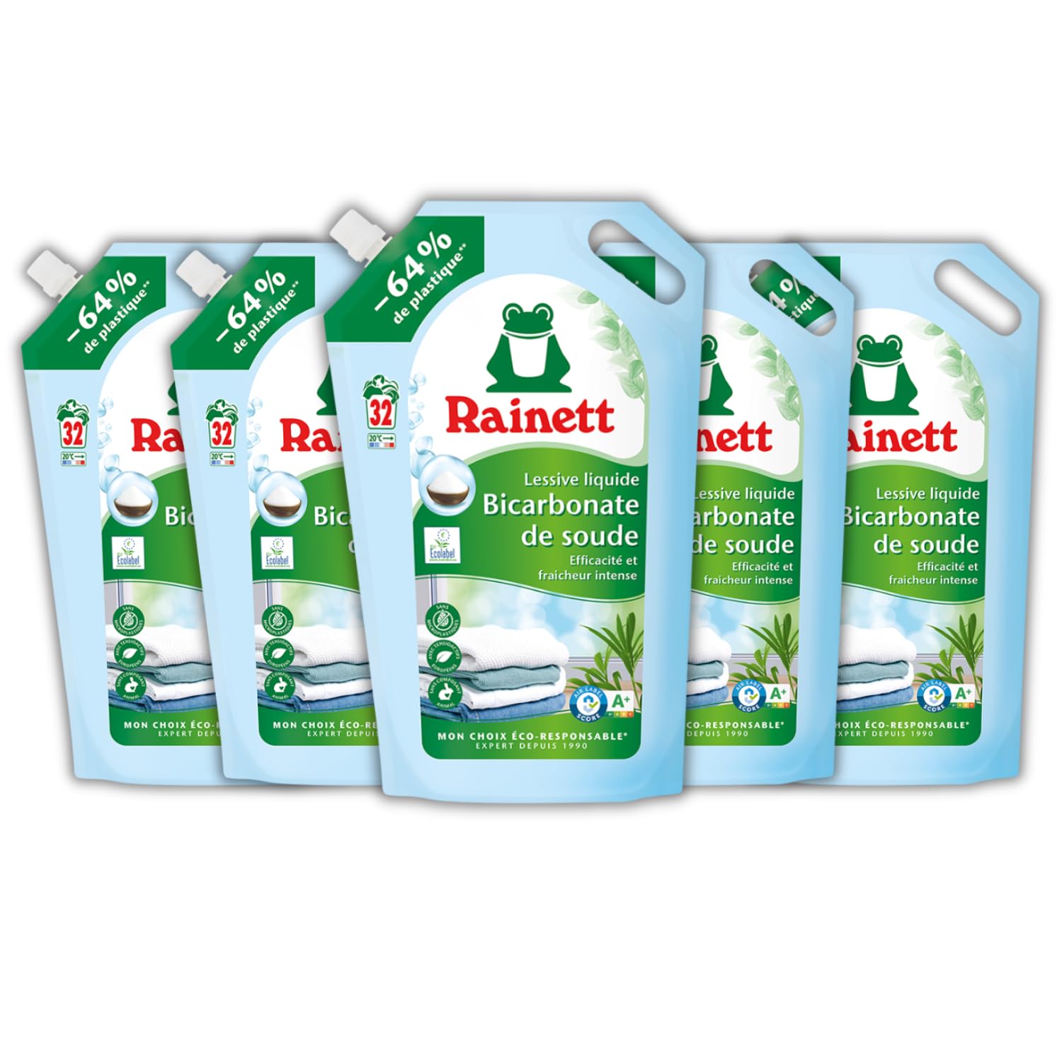 RAINETT - Lessive Liquide - Tensioactifs d'Origine Végétale - Efficace Dès 20° - Ecolabel - Bicarbonate - 160 Lavages - Éco-Recharge Pack de 5 x 1,6 L