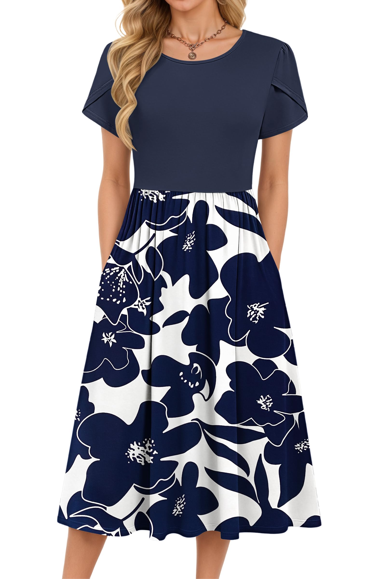 MOLERANI Damen Sommerkleider - Kurzarm Rundhals Midikleid Knielang Freizeitkleider Lose A-Linie Kleider mit Tasche