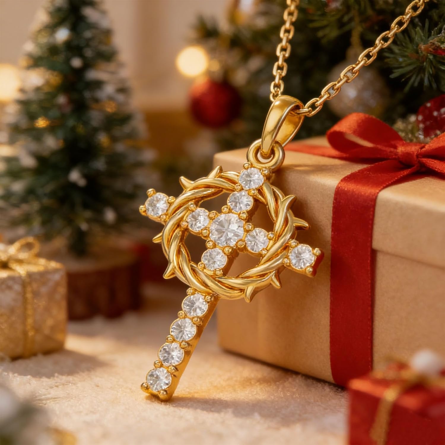 Gold Cross Necklace for Women 925 Sterling Silver Crown of Thorns Cross Necklace with 5A Cubic Zirconia, Religious Christian Jewelry Christmas Gifts for Her - Image 7
