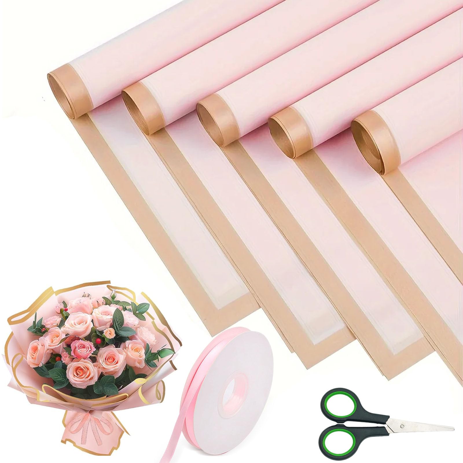 Flower Wrapping Paper, 20 Sheet Bouquet Wrapping Paper, 58cm Double Sided Bouquet Wrap Kit for Gifts Flowers and Crafts with Ribbon and Scissors for Gift Wrap DIY Arts Crafts(Pink) — image 1