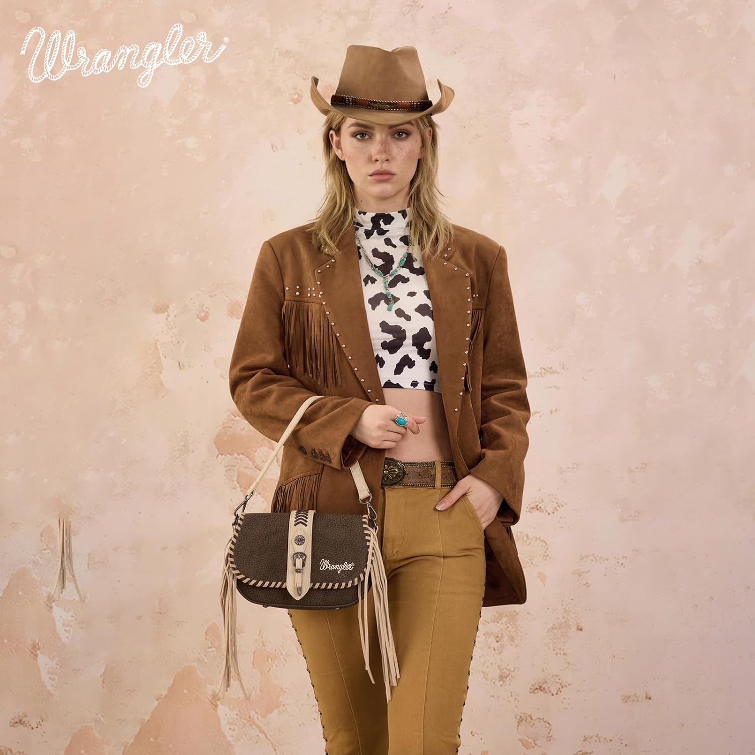 Wrangler Western Shoulder Bag for Women, Flap Crossbody Purse with Whipstitch Detail & Fringe,Vintage Cowgirl Handbag