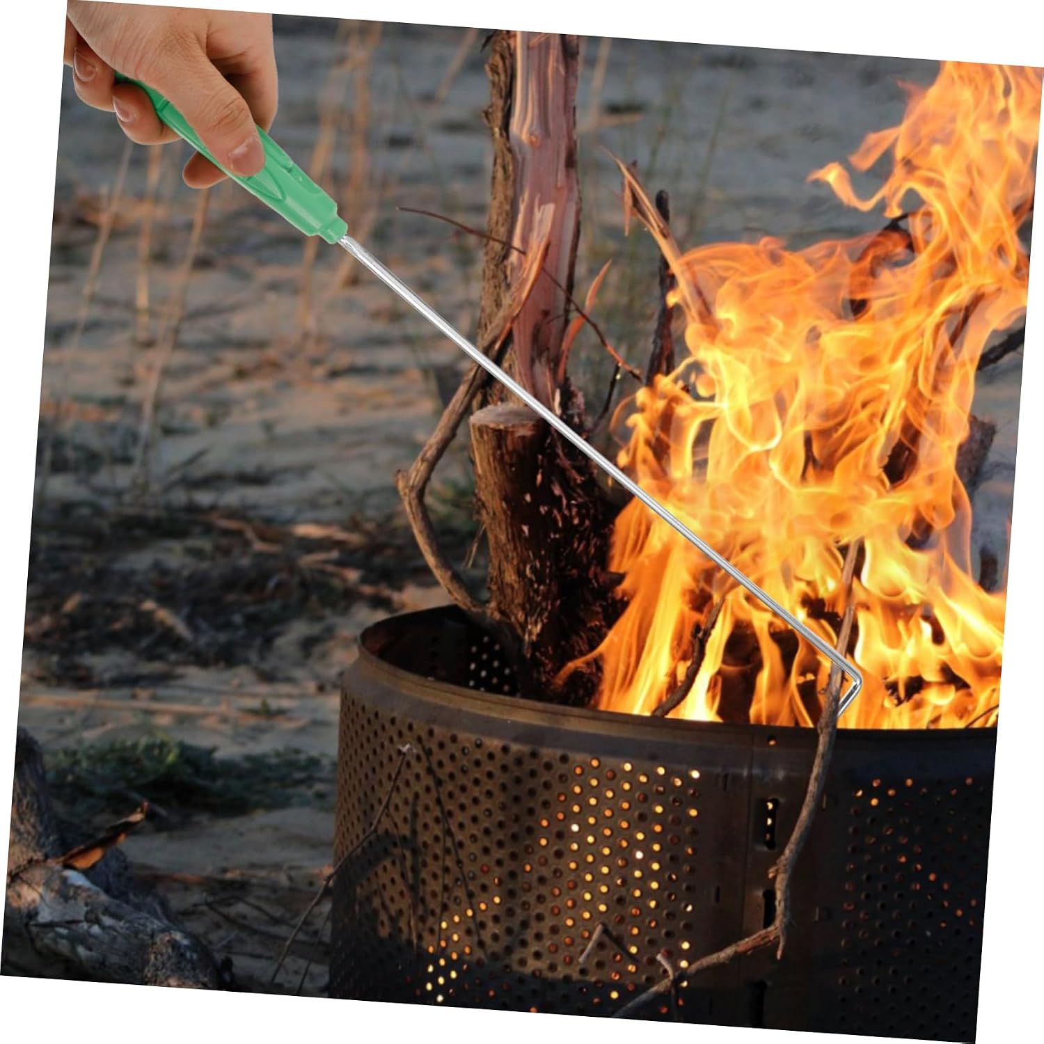 Long Fire Poker with Plastic Handle, Stainless Steel Campfire Tool