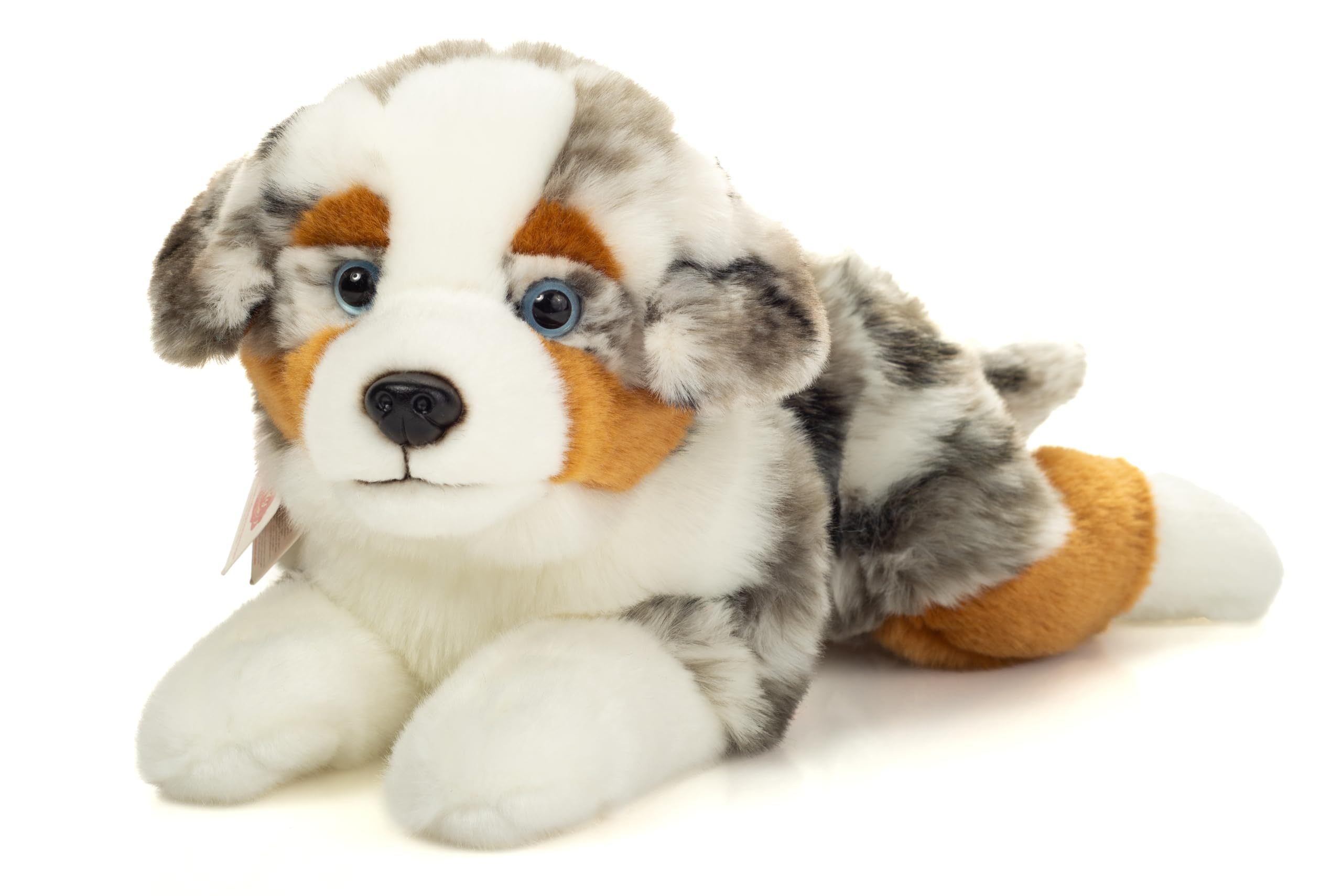 Teddy Hermann 91998 Australian Shepherd Lying Down 40 cm, Cuddly Toy, Sustainable Plush Toy with Recycled Materials
