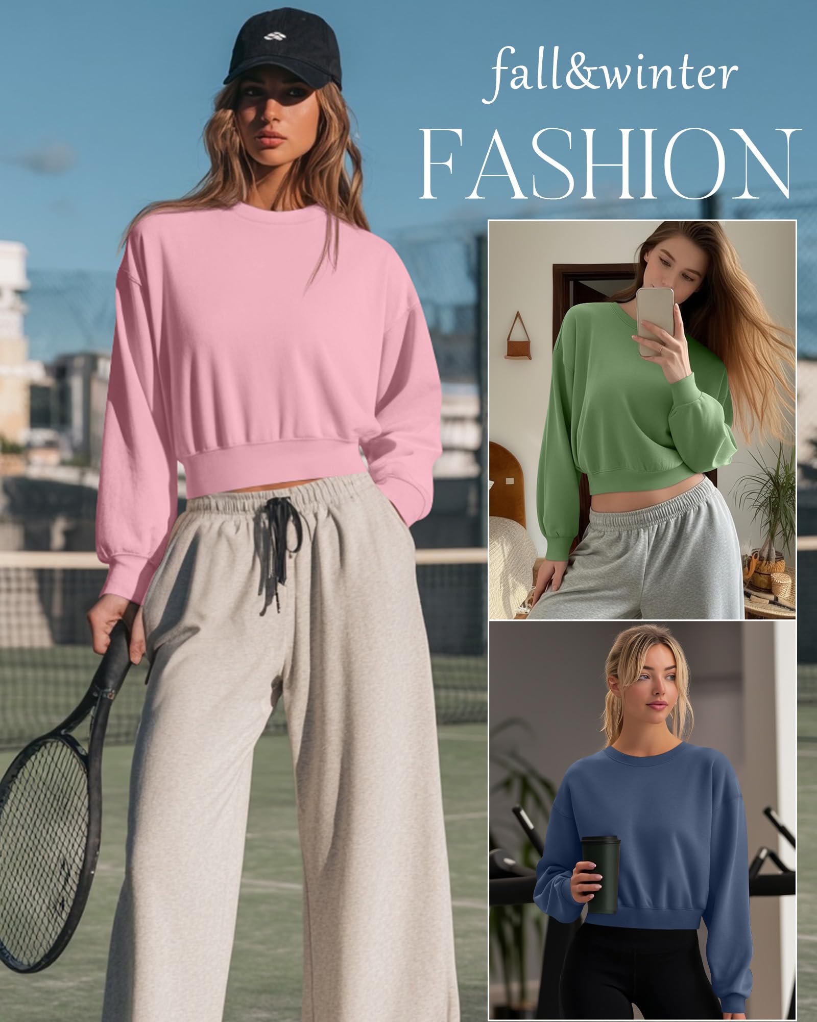 Geyoga 4 Piezas Sudaderas Cortas para Mujer de Manga Larga Cuello Redondo Corte Holgado Sudaderas Térmicas de Punto