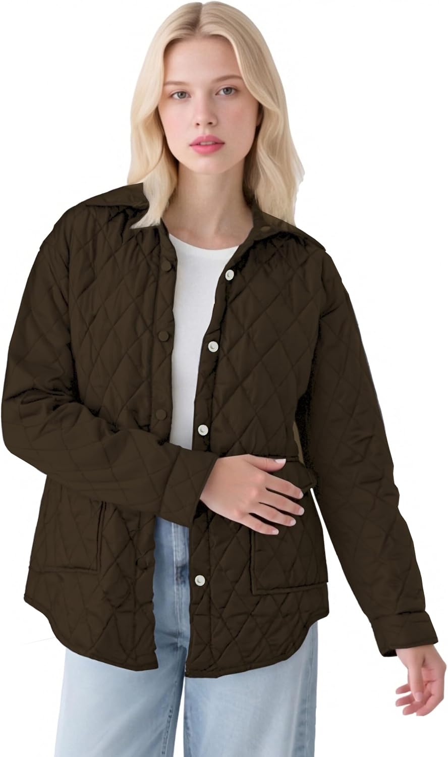 Women's Lightweight Quilted Jacket Long Sleeve Snap Button Down Puffer Jacket Warm Winter Outerwear Coat with Pockets - Image 3