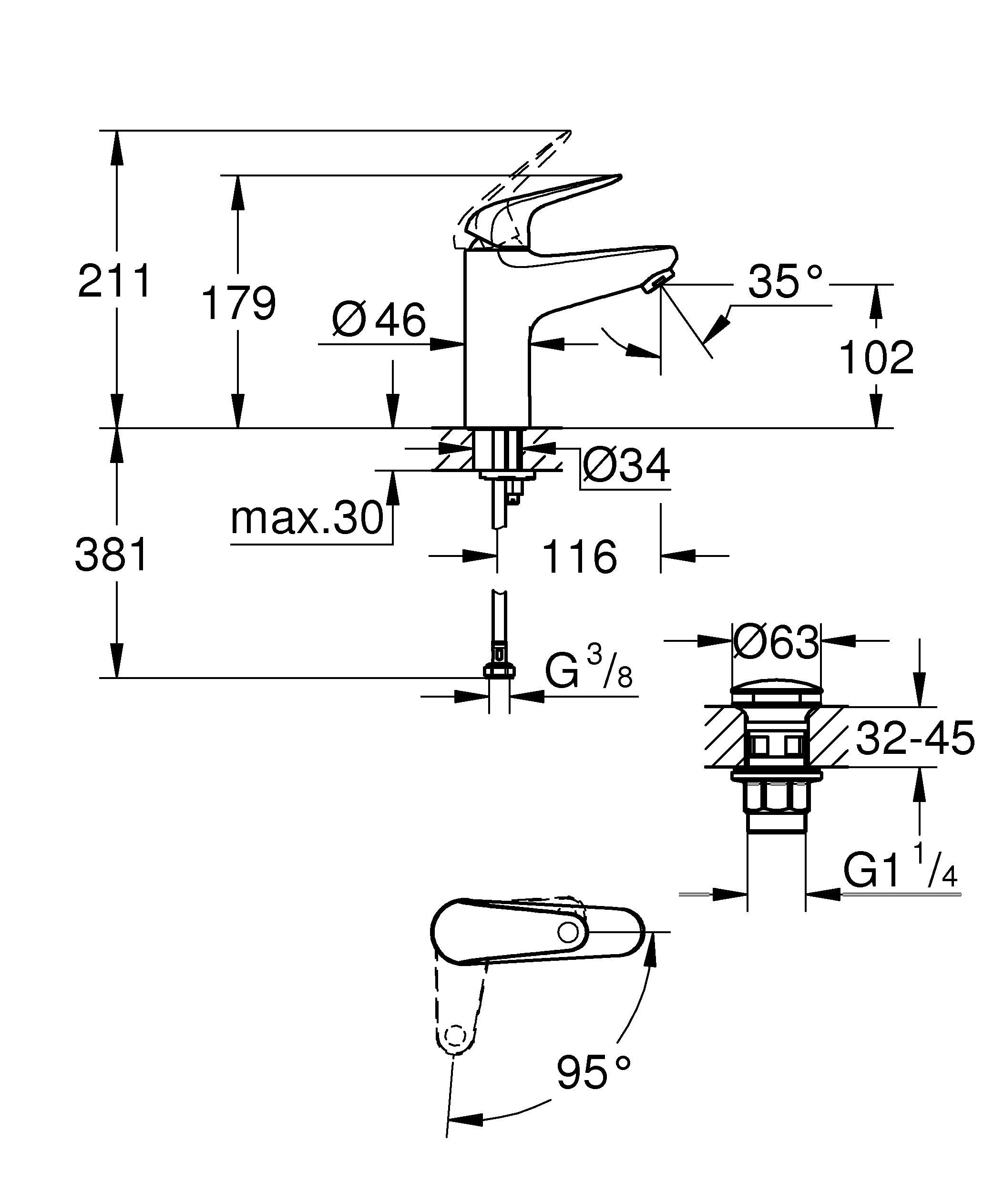 GROHE Swift, energiesparende Waschtischarmatur, Kaltwasser in Mittelstellung (Wasserhahn für Waschbecken, 18cm hoch, mit Pop-Up Ablauf, mit 3in1 Werkzeug, einfache Installation), chrom, 24329001