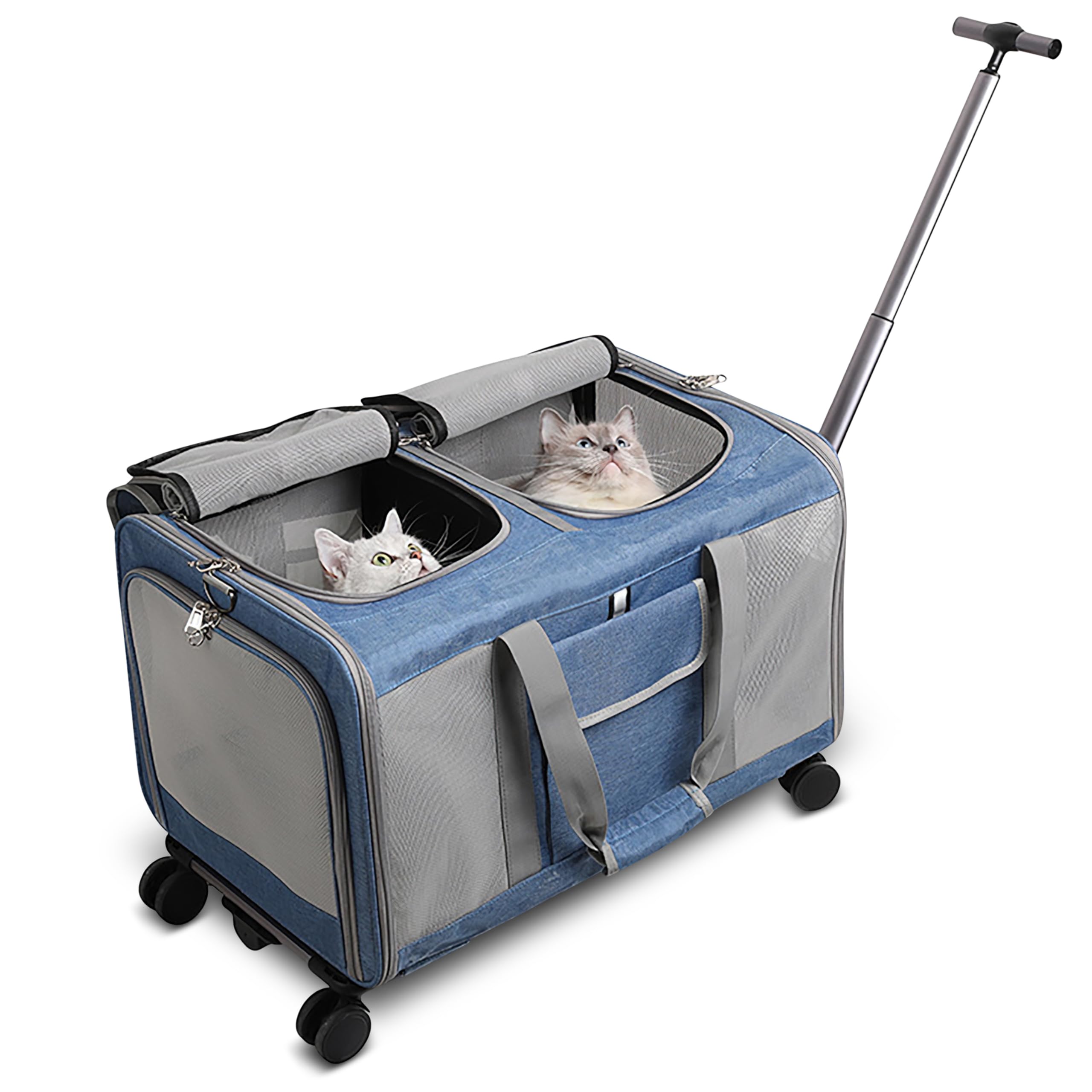 ALLSOPETS Grande Trasportino per Animali con Ruote Trasportino a Doppio Scomparto per 2 Gatti e Cani con Manico Telescopico Borsa da Viaggio Pieghevole e Portatile per Travel Camping Outdoors Blu