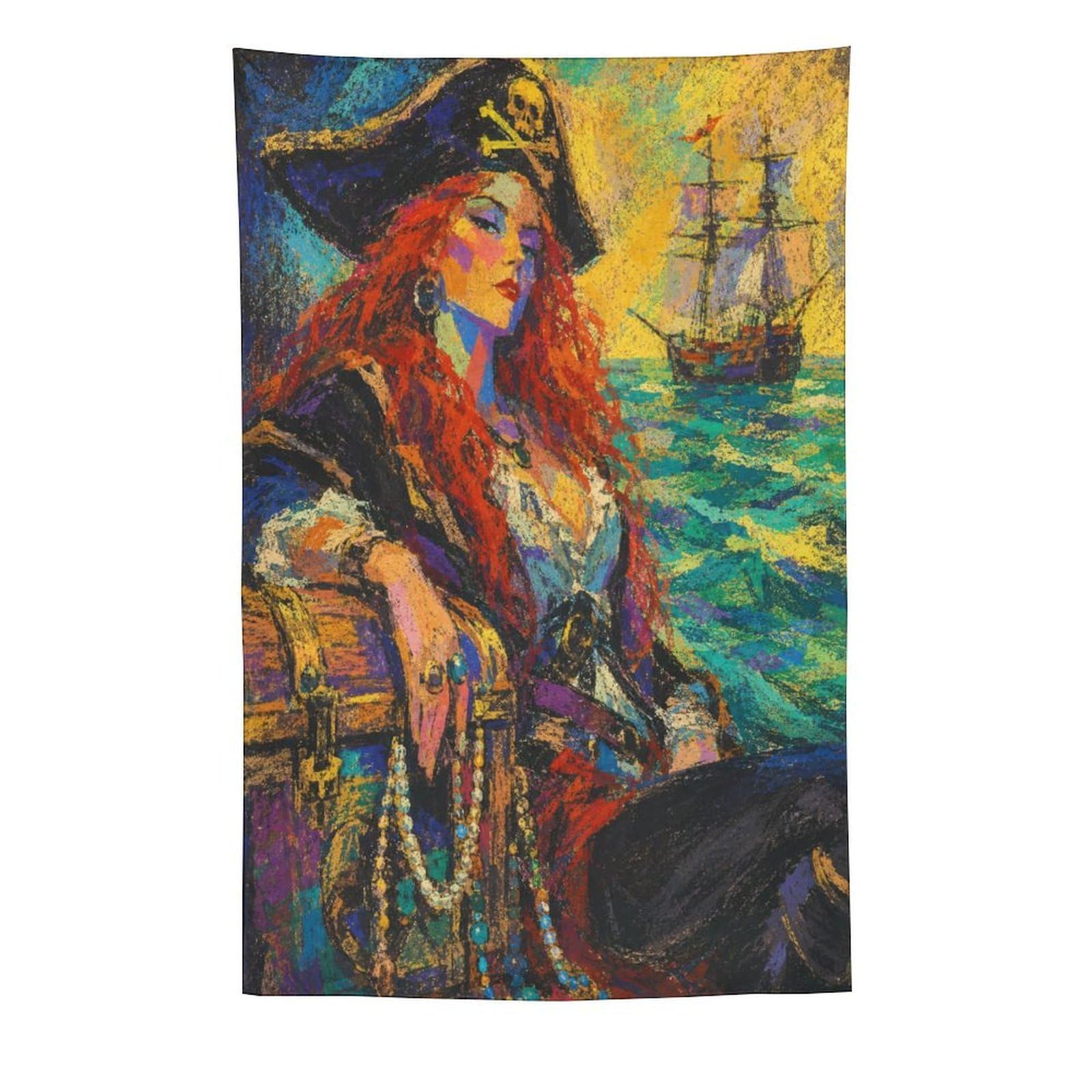 H3B8U2Y5 Pirate Woman by Ship Wall Tapestry, Colorful Oil Art