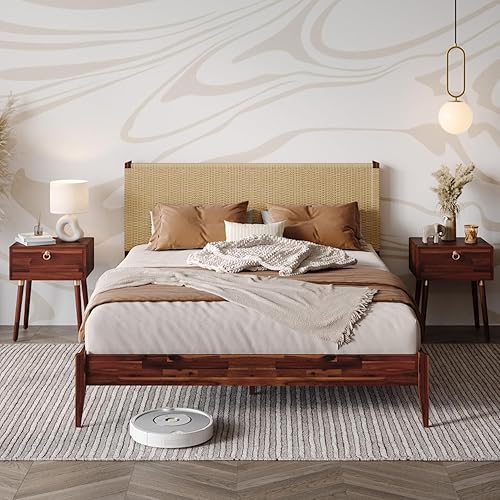 Miniatura 30 de Bme Dinkee Marco de cama característico de 15 pulgadas sin cabecero - Estilo moderno y minimalista con madera de acacia - 12 soportes de listones de