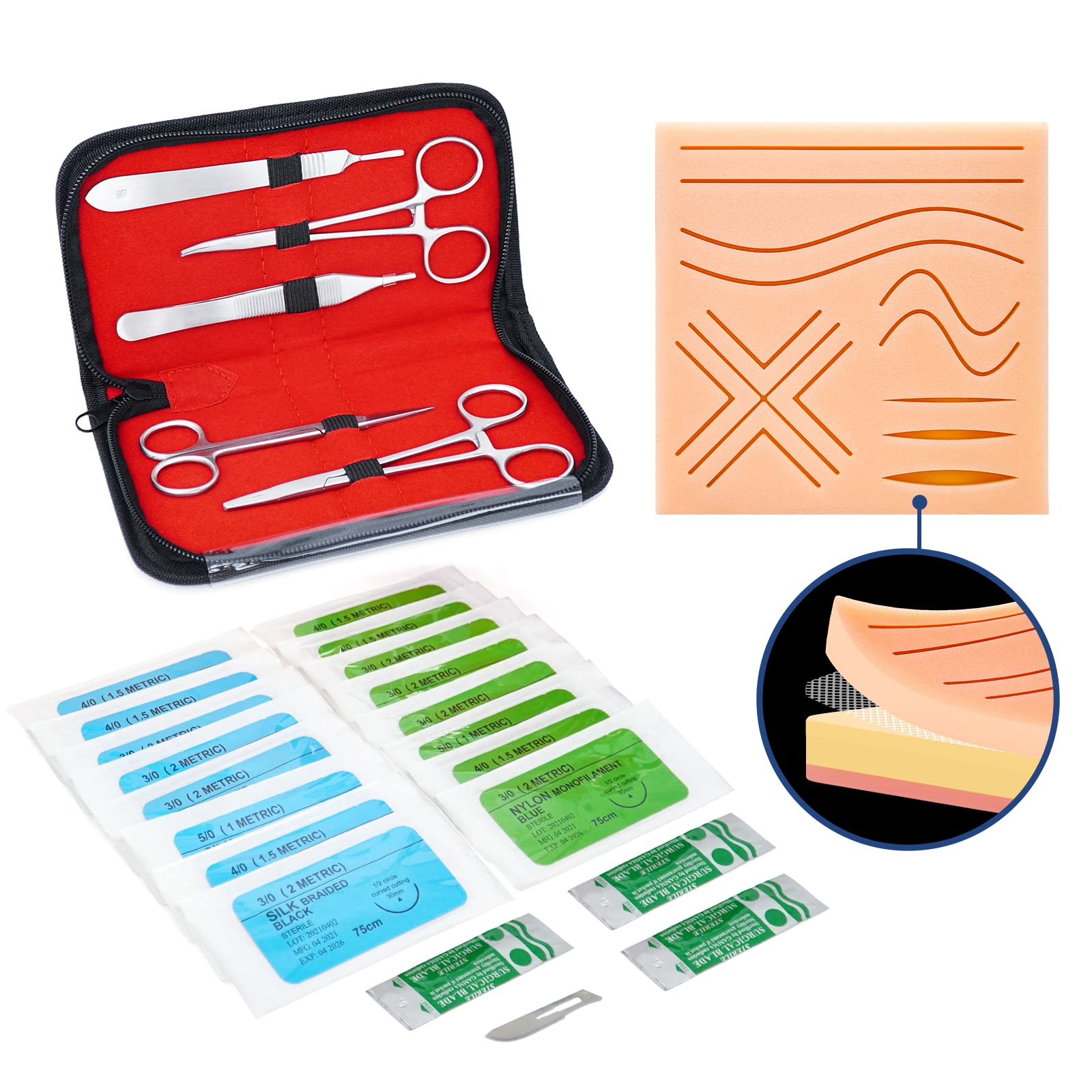 AZchose Suture Practice Kit for Students, Complete Training Kit with 14 Pre-Cut Wounds, a Suture Tool Kit and Suture Threads (Stocking Stuff for Education and Demonstration Only)