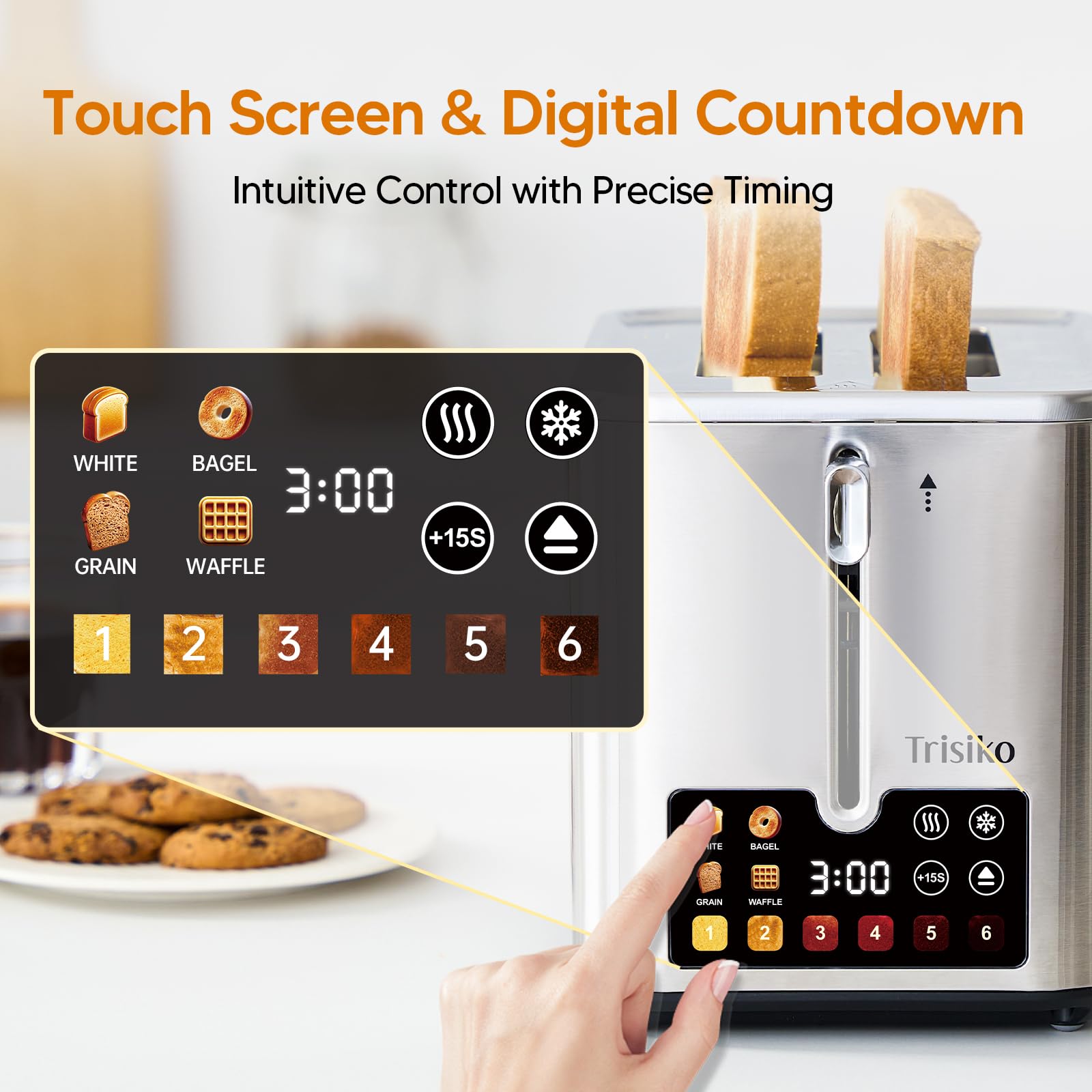 Tostadora de pantalla táctil de 2 rebanadas, tostadora inteligente de acero inoxidable con temporizador digital, ranuras extra anchas de 1.38 pulgadas para pan y bagel, con recalentamiento 3
