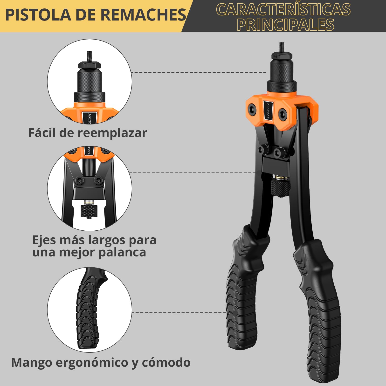 AMTOVL 12” Remachadora de Tuercas Pistola Remachadora Profesional con 6 Mandriles Métricos 125PCs Tuercas M3 M4 M5 M6 M8 M10 Remachadora Manual con Llave Multifuncional de Mango Antideslizante | Alicates de tuerca de remache, 125 tuercas de remache, mandr