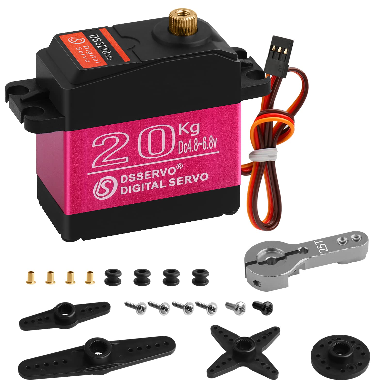 20KG RC Servo High Torque Servo Motors, Waterproof Full Metal Gear Steering Servo with 25T for 1/6 1/8 1/10 1/12 RC Car Robot DIY, Digital Servo with 25T Servo Horn, Control Angle 270°