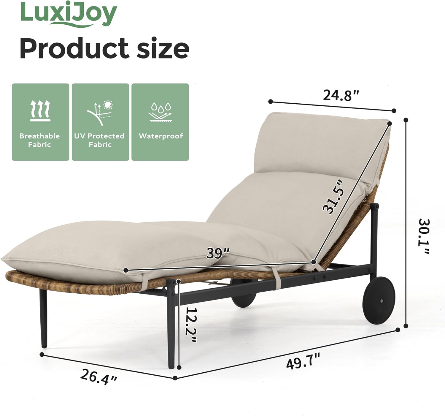 Chaise Lounge Chair Outdoor - PE Rattan Wicker Patio Pool Lounge Chair with Cushion and Wheels, Aluminum Waterproof Chaise Lounger for Poolside Backyard Deck Porch