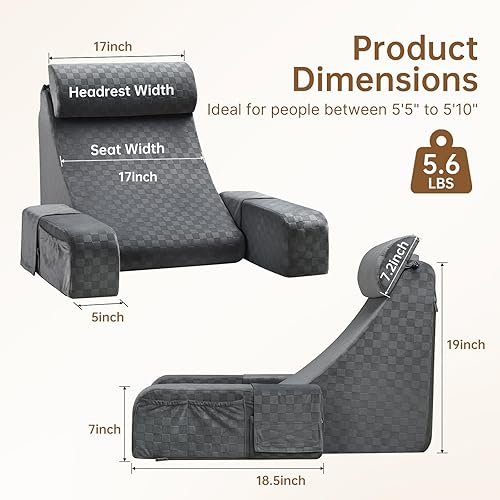 Vista 6 de Vekkia Almohada de lectura para adultos – Silla ergonómica de 45° con respaldo de cuña para sentarse en la cama, bolsillos laterales XL, perfecta