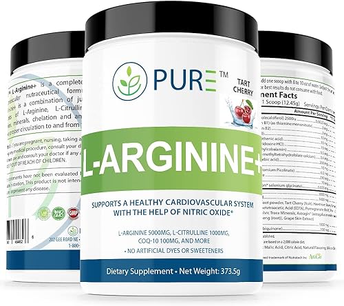 PURE L-Argininina+5000mg l-arginina, 1000mg L-citrulina, Coq10 y más cereza ácida. Naturalmente saborizada y endulzada