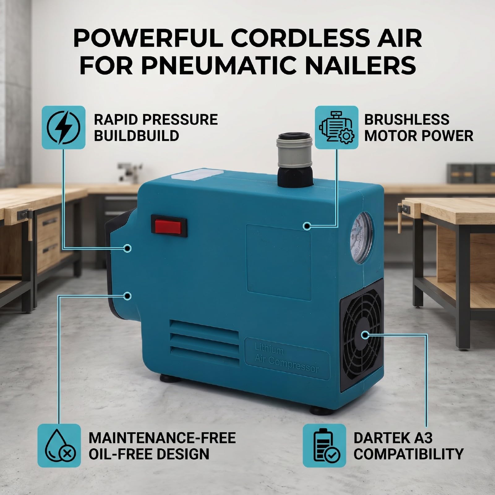 Fafeicy Compressore D'aria Senza Fili 175PSI Senza Spazzole Olio | Unità Portatile Senza Serbatoio per Chiodatrice e Cucitrice Blu