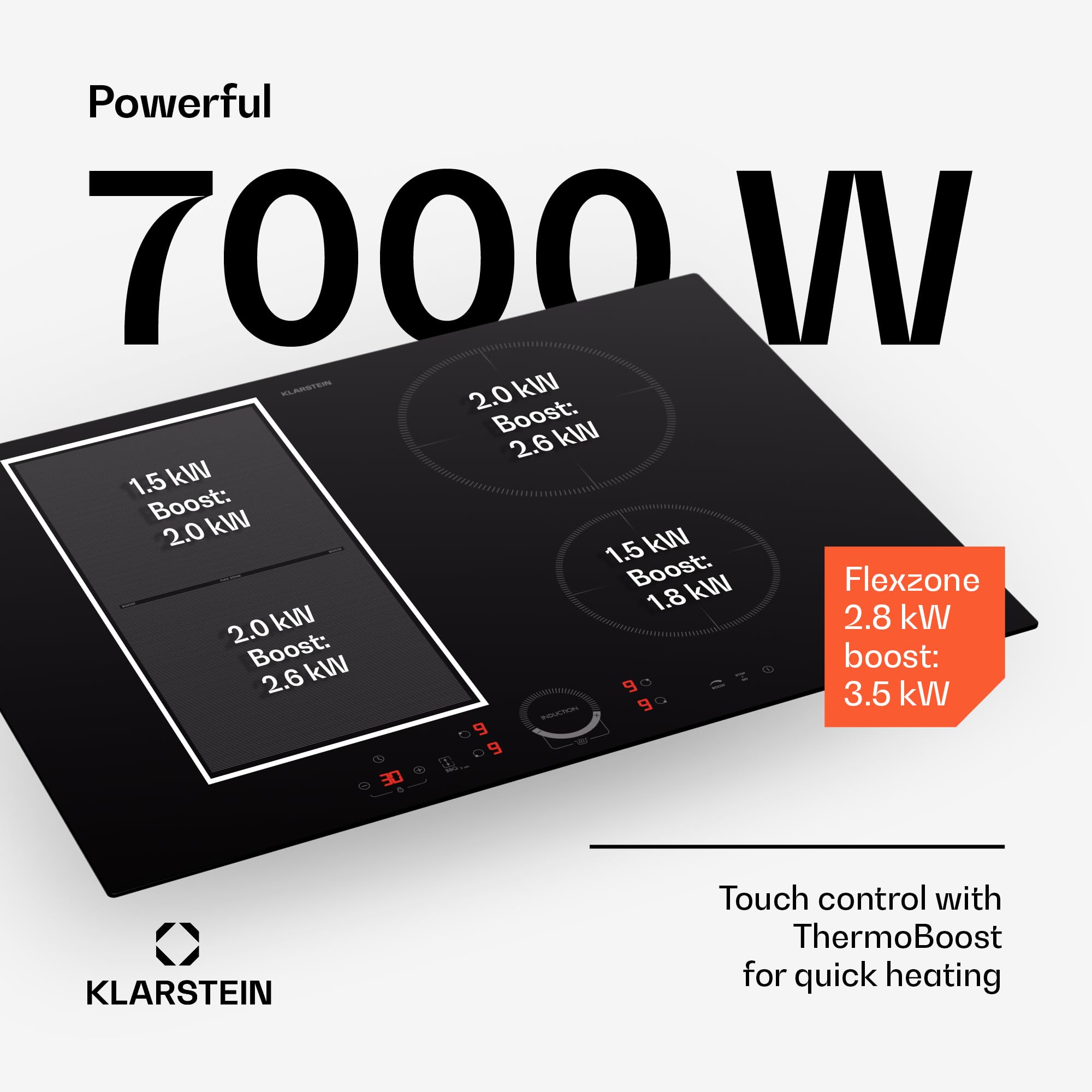 Klarstein induction hob, glass ceramic 7000W induction hob with 4 plates, built-in induction plate with touch display and timer with overheating protection — view 3