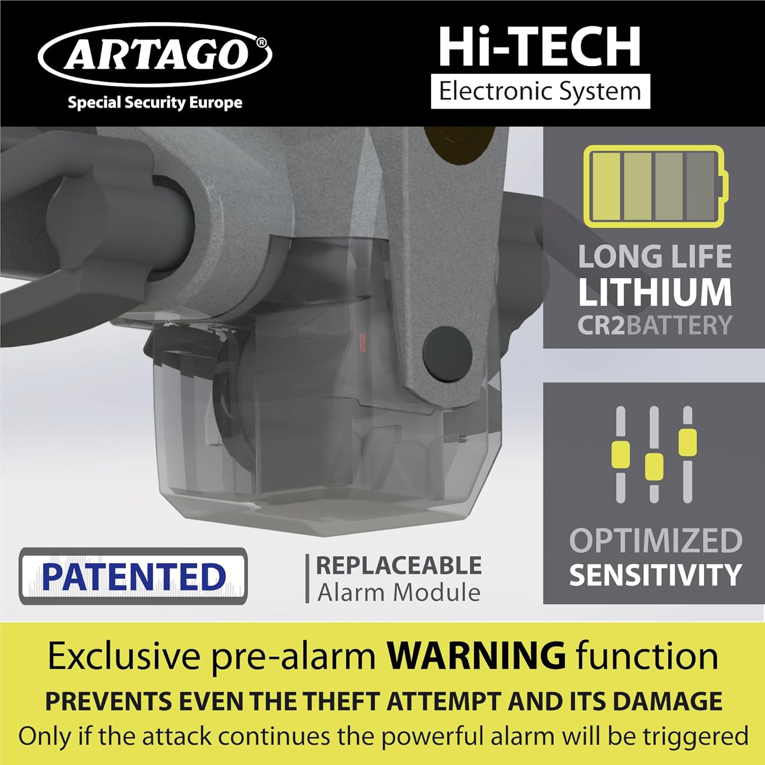 ARTAGO 870 High-End Steering Wheel Lock 2in1 | Smart Alarm, 120dB, Theft Attempt Warning, Night LED Alert | More Secure & Deterrent Around a Spoke, Best Anti-Theft Device for Car SUV Pickup-Truck Van