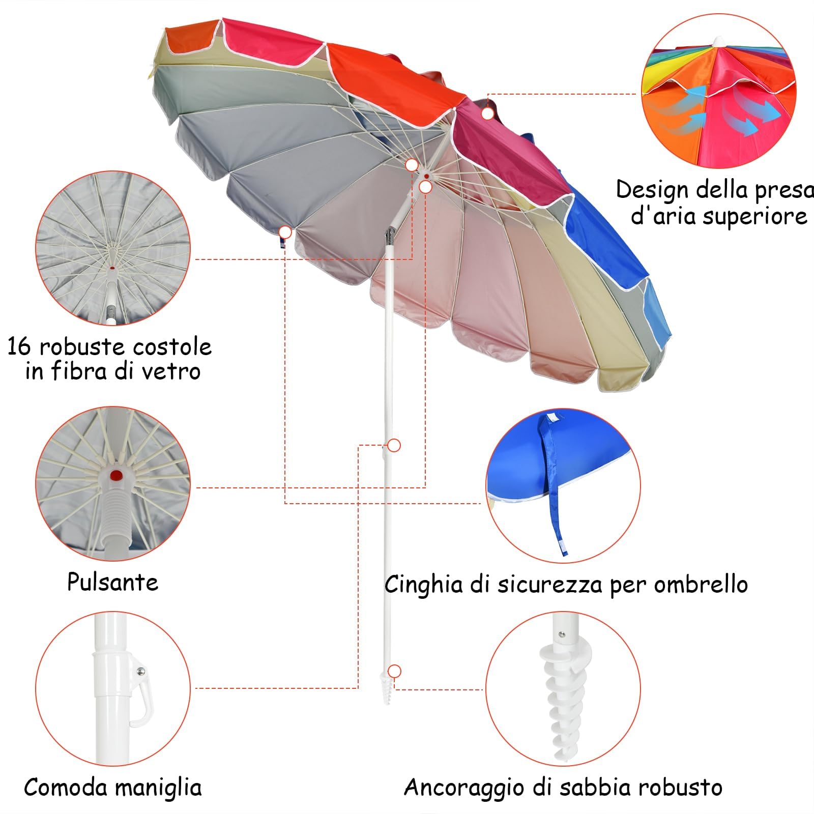 GYMAX Ombrellone da Spiaggia Antivento 220cm, Ombrellone da Mare Inclinabile e Portatile con Copertura Impermeabile e Resistente ai Raggi Solari UV, 16 Stecche (Colorato, 220CM)