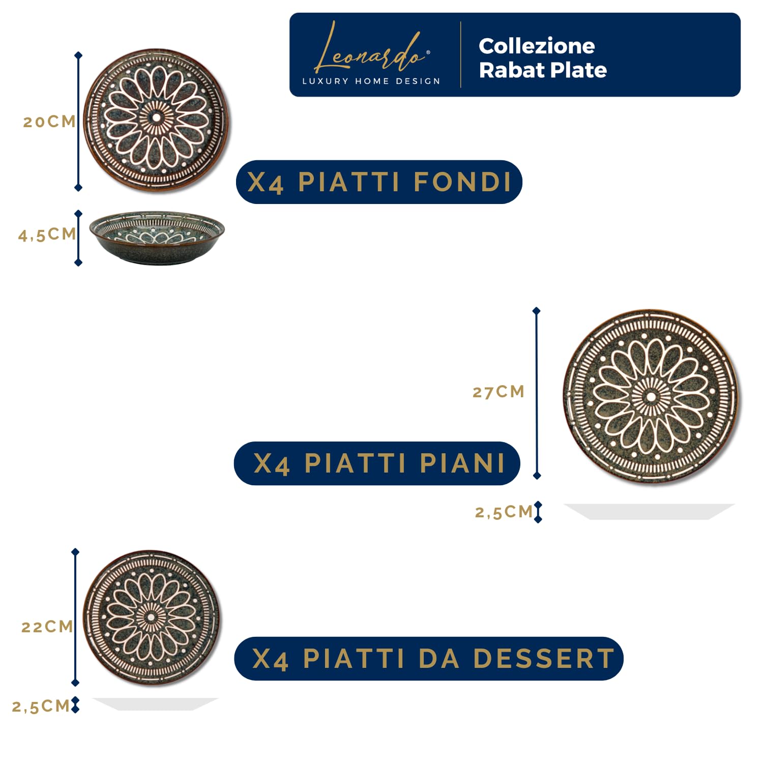Piatti Porcellana Set 12 Pezzi per 4 Persone Rabat Plate Servizio Elegante Dettagli Raffinati Adatto a Lavastoviglie Forno e Microonde (12 Pezzi)