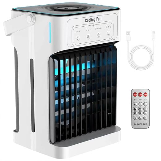 Portable Air Conditioners, Upgraded Motor Evaporative Air Cooler with Remote, 3 Speeds & 3 Mist, 7 Color Night Light Cooling Fan with 2-8H Timer, 1100ML Personal AC Unit for Bedroom Office