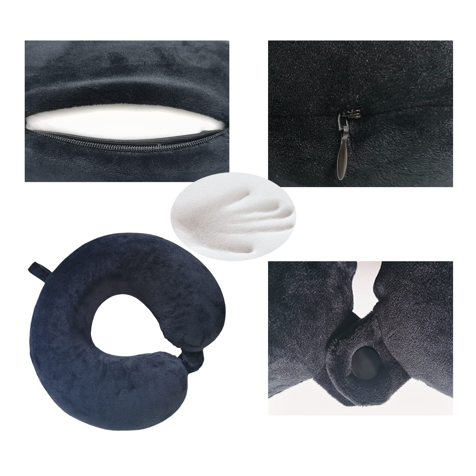 NavoX Cuscino da viaggio Cuscino collo in memory foam Cuscino di supporto, Maschera per dormire/tappo per le orecchie/sacchetto, confezione rapida compatta e leggera per campeggio,voli (nero)