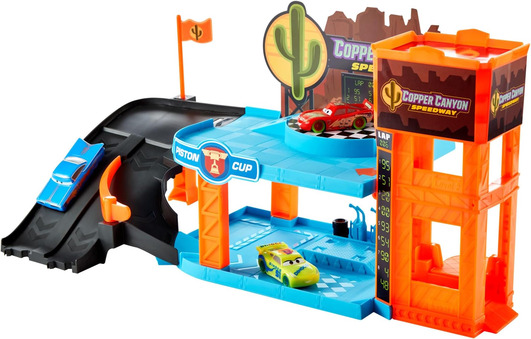 Disney and Pixar Cars Glow Racers Playset & 3 Toy Cars, Copper Canyon Glowing Garage Playset, Glow-in-the-Dark Elements & 1:55 Scale Vehicles, HPX75