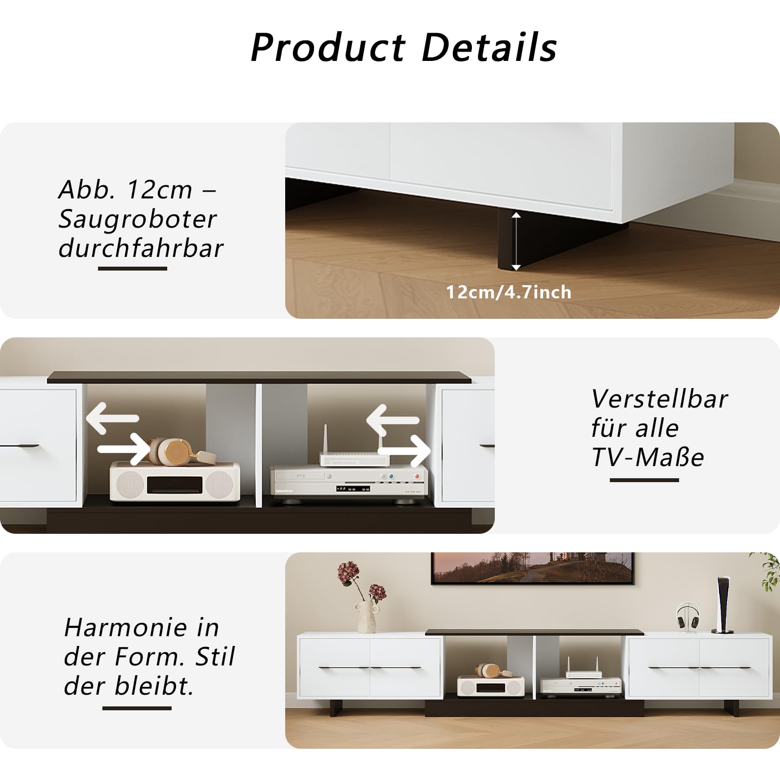 Ausziehbares TV Schrank 190-260cm，Holz TV Lowboard mit 4 Schubladen, für 120 Zoll Fernseher，Moderner TV Möbel für Wohnzimmer
