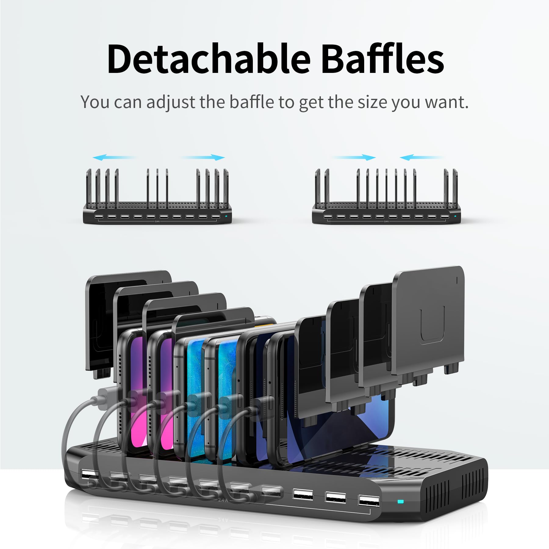Unitek - Estación de Carga (60 W, 10 Puertos, estación de Carga USB, multidispositivo, con separadores Ajustables y SmartIC, Compatible con teléfono, Tableta y más