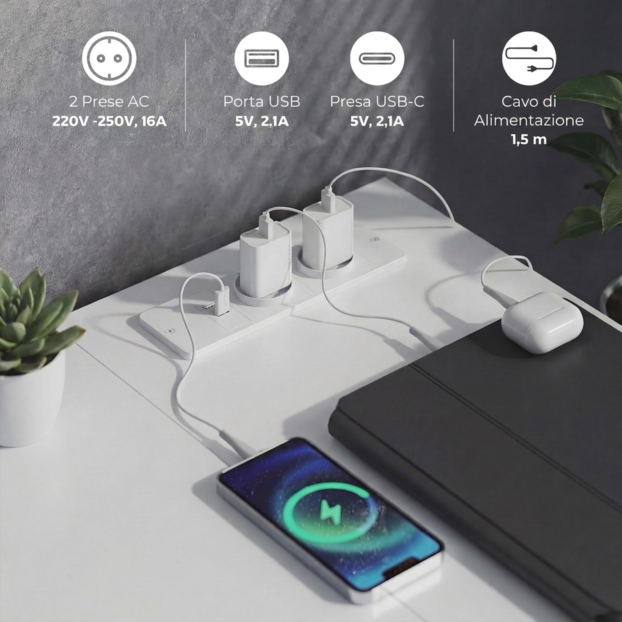 HOMCOM Bureau en L réversible avec Ports USB 126x48cm Blanc