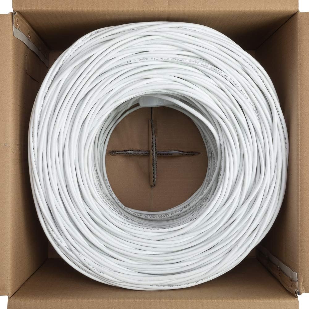 NavePoint CAT5e Riser (CMR), 1000ft, White, Solid Bare Copper Bulk Ethernet Cable, 350MHz, 24AWG 4 Pair, Unshielded Twisted Pair (UTP)
