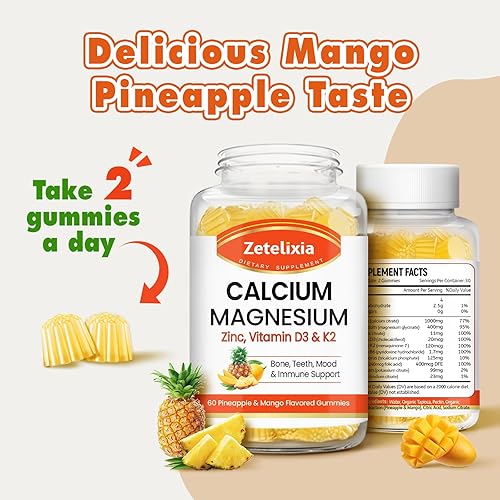 Miniatura 7 de Gomitas de calcio para mujeres y hombres, calcio, magnesio, zinc con vitamina D3 y K2, suplemento de calcio y magnesio para músculos B0nes, sabor a
