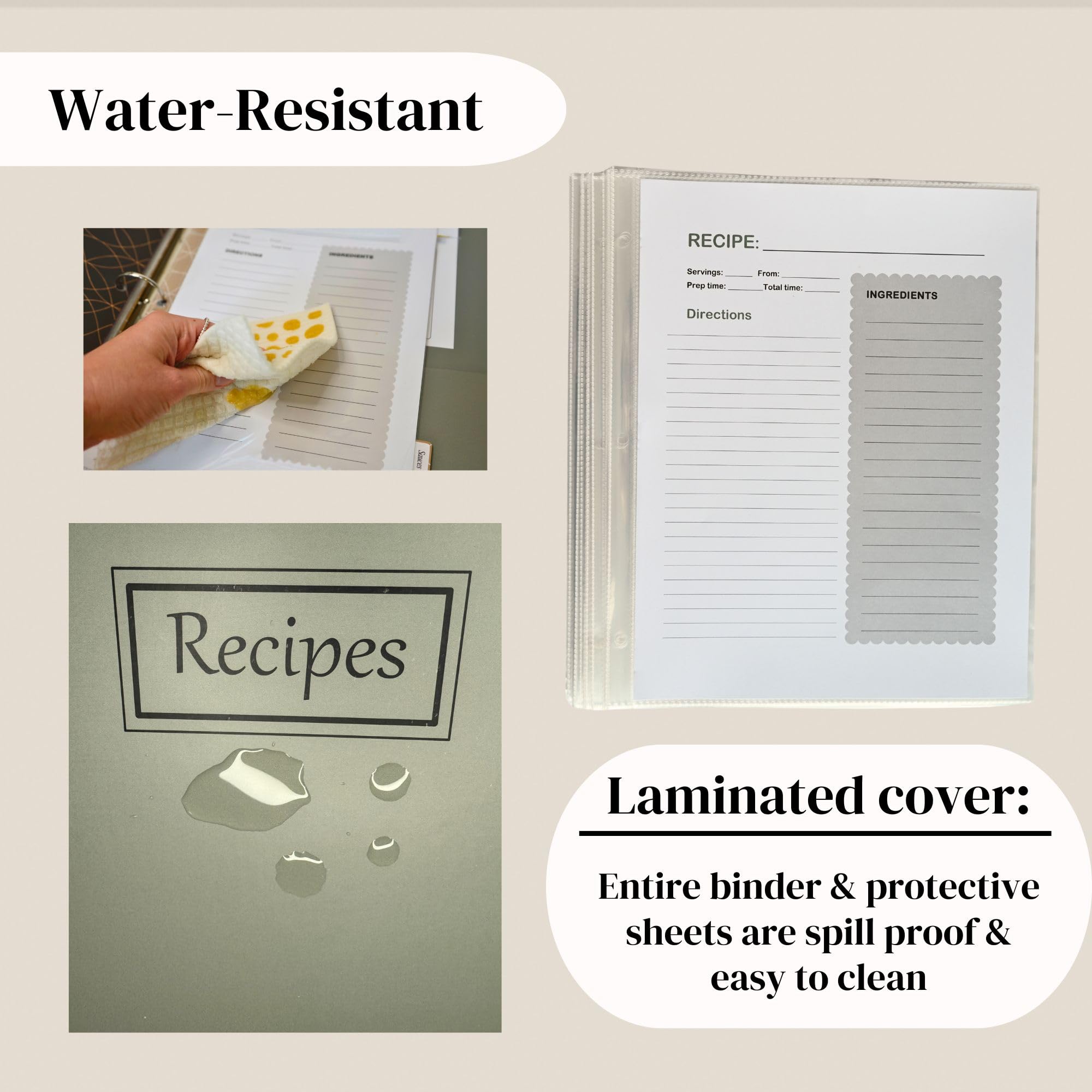 Raccoglitore per ricette con buste in plastica, divisori, libro di ricette verde salvia per scrivere le proprie ricette, raccoglitore per ricette 8,5 x 11 cm, 3 anelli, kit raccoglitore per ricette