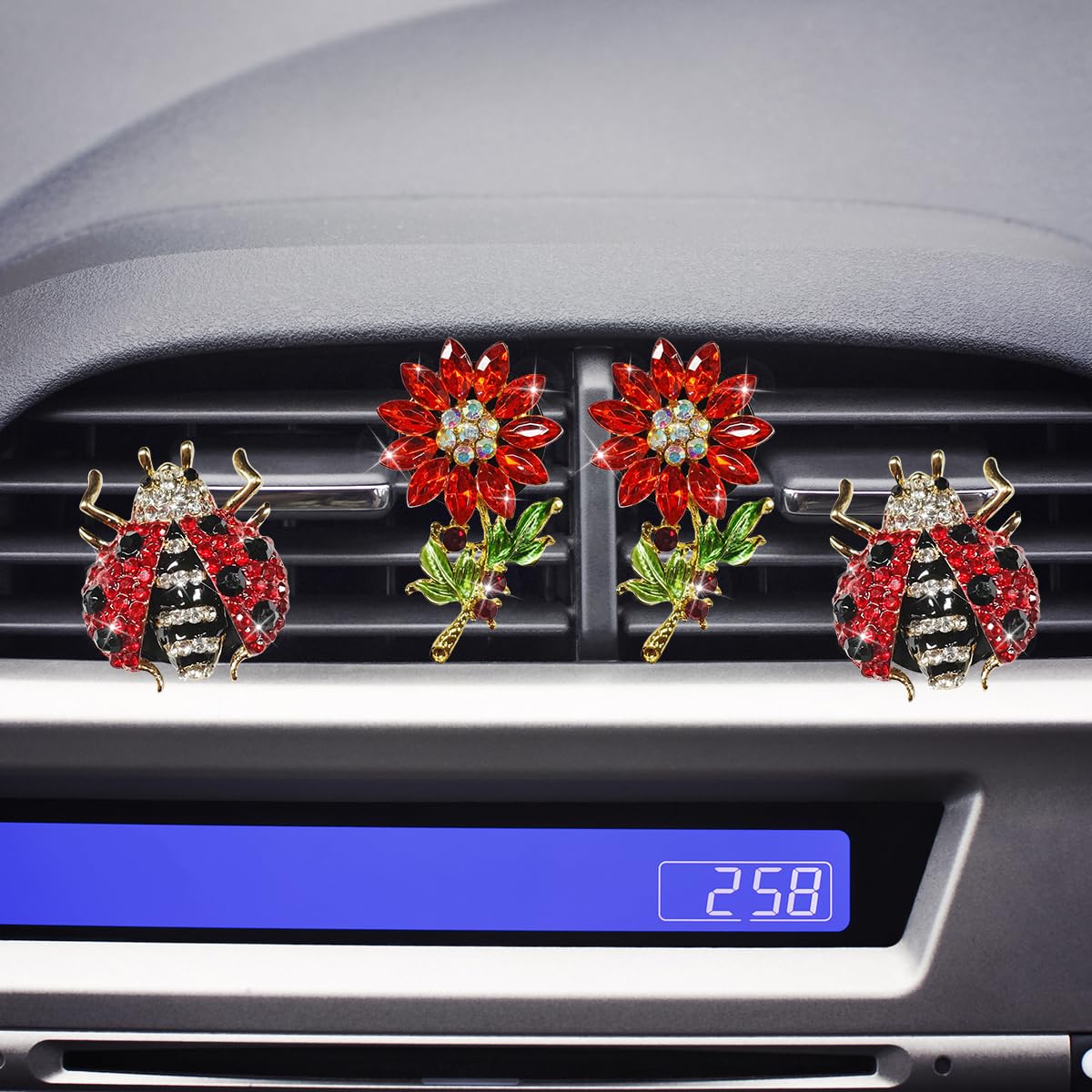 4PCS Bling Ladybug Flower Car Air Vent Clips, Crystal Rhinestone Car Vent Clip, Cute Air Conditioner Outlet Clip Charm, Car Interior Decorations for Women Girls (Red)