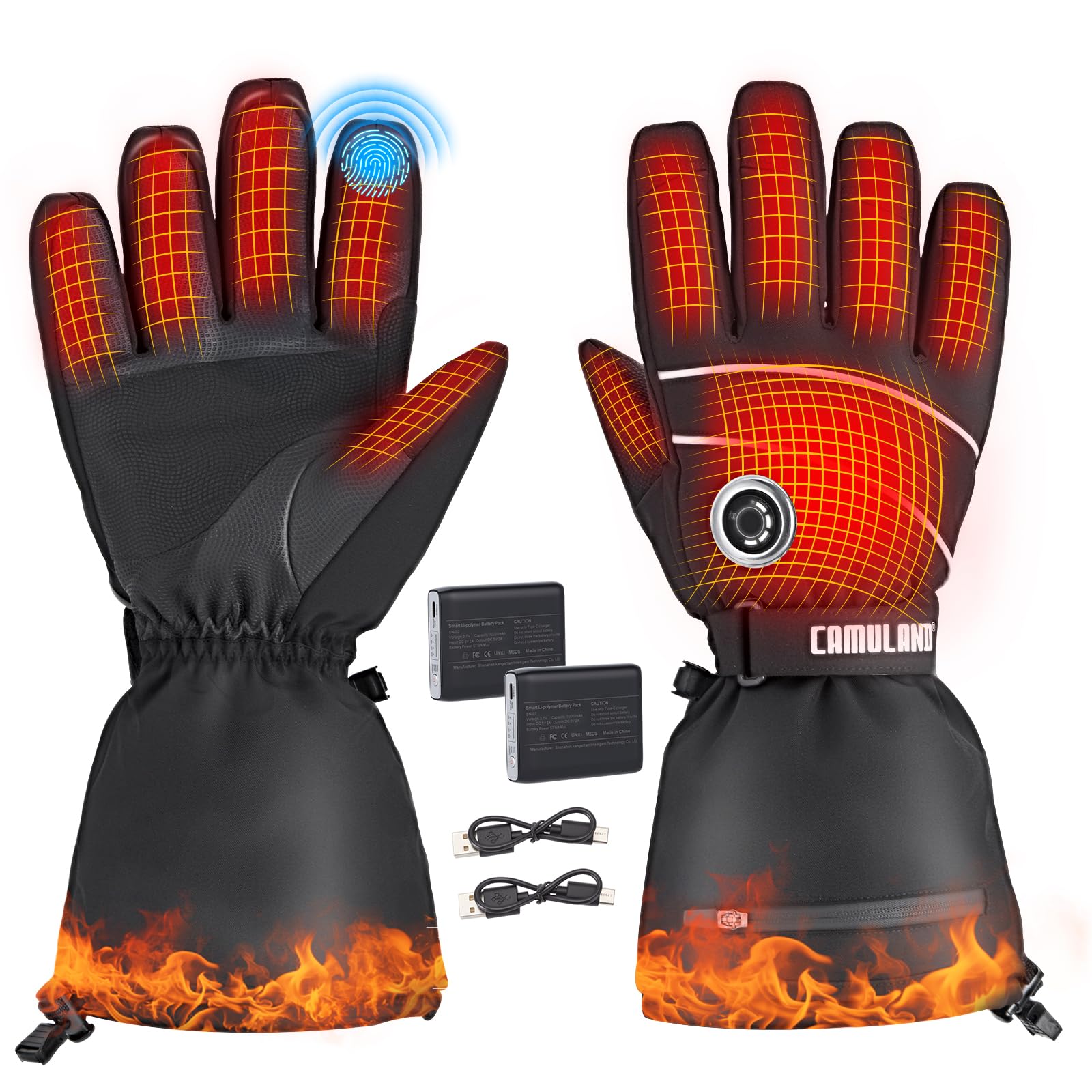 CAMULAND 10000mAh Heated Gloves for Men & Women, 4-Heat Smart Control Rechargeable Winter Gloves, Waterproof Windproof Touchscreen Design for Motorcycling, Skiing, M