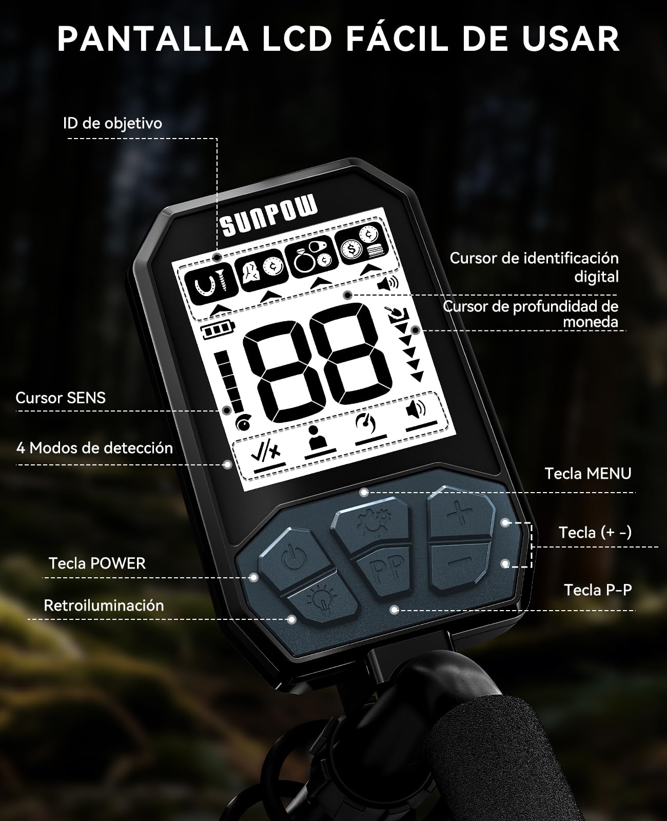 SUNPOW Detector de Metales para Adultos y Niños - Detectores de Metales Recargable por USB, Batería de Larga Duración 20H - 4 Modos para Detección de Oro - Bobina de Búsqueda Impermeable IP68 de 8"